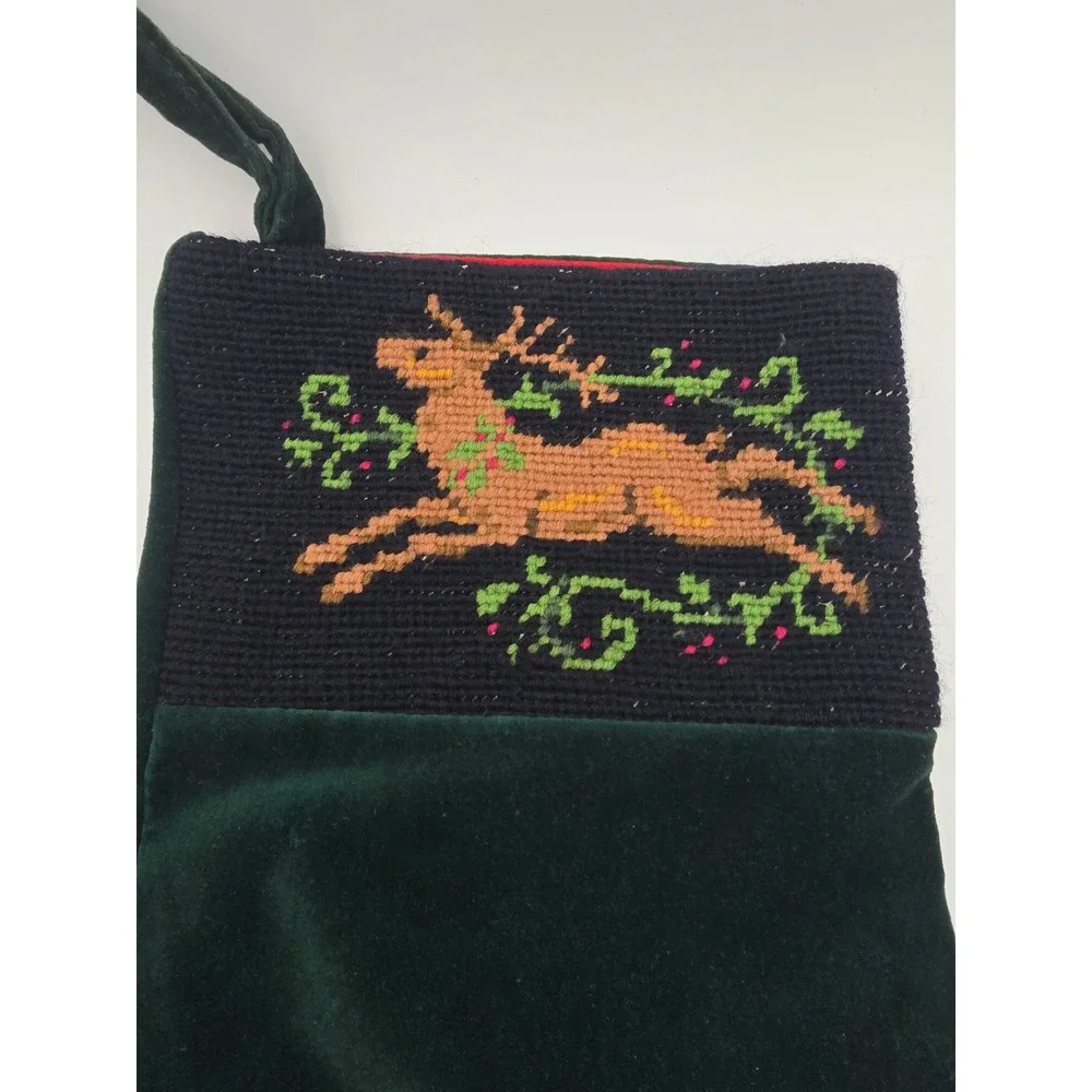 Vtg Midwest of Cannon Falls Christmas Stockings Velvet Reindeer Needlepoint 2 pc